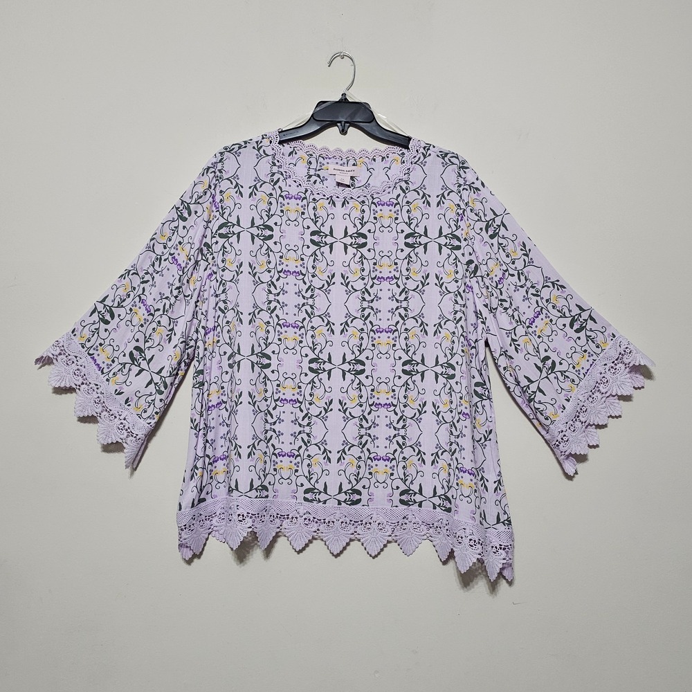 Allison Daley Top Blouse Plus 2X Pastl Purple 3/4 Sleeves Embroidery Trim 916